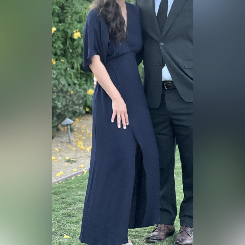 Reformation Long Flowy Dress Navy Slit Deep V (Size 2)